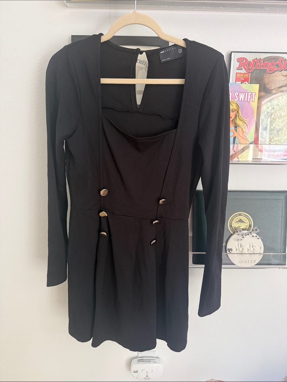 Black Long-Sleeve Mini Dress with Buttons